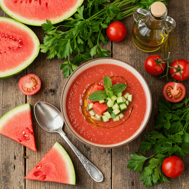 Watermelon gazpacho served with fresh garnish