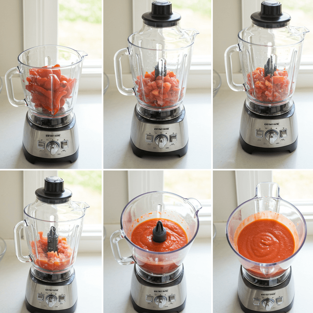 Your New Favorite Roasted Red Pepper And Tomato Cold Soup 5 blending roasted red pepper and tomato cold soup