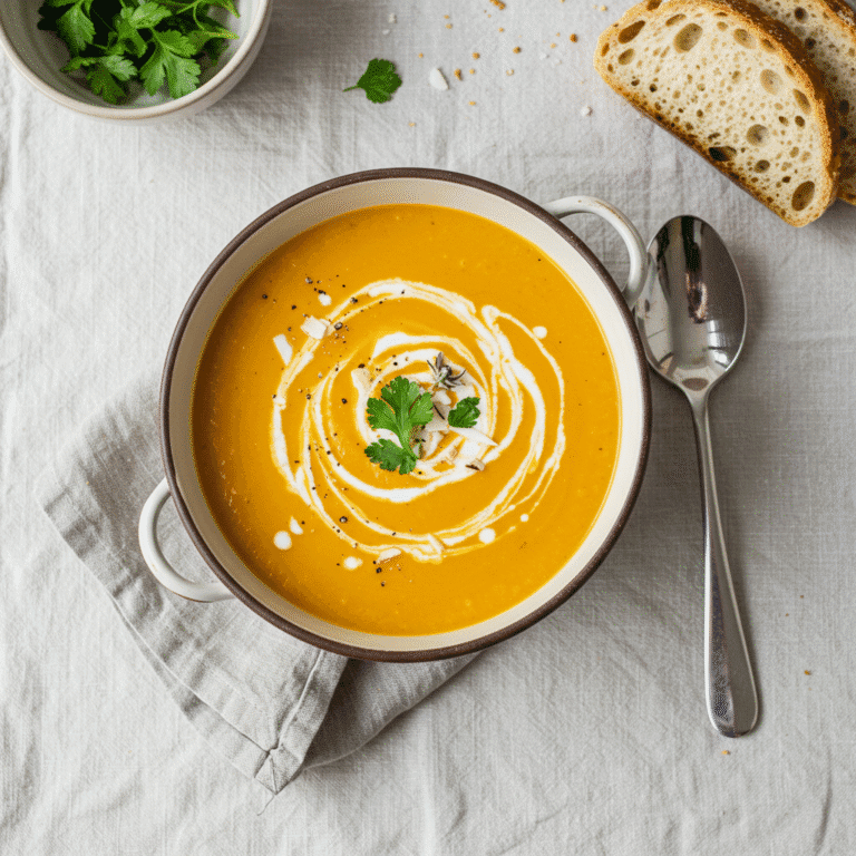 Chilled Carrot Ginger Soup in Rustic Bowl