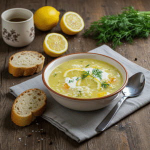 Greek Lemon Rice Soup Served in Rustic Greek Kitchen