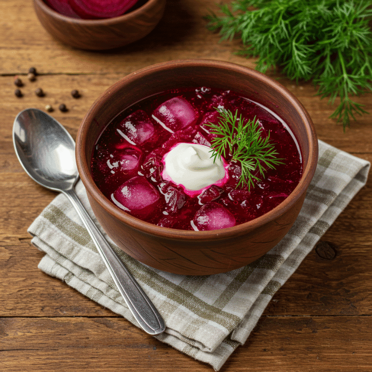 Iced Beet Borscht in Rustic Bowl