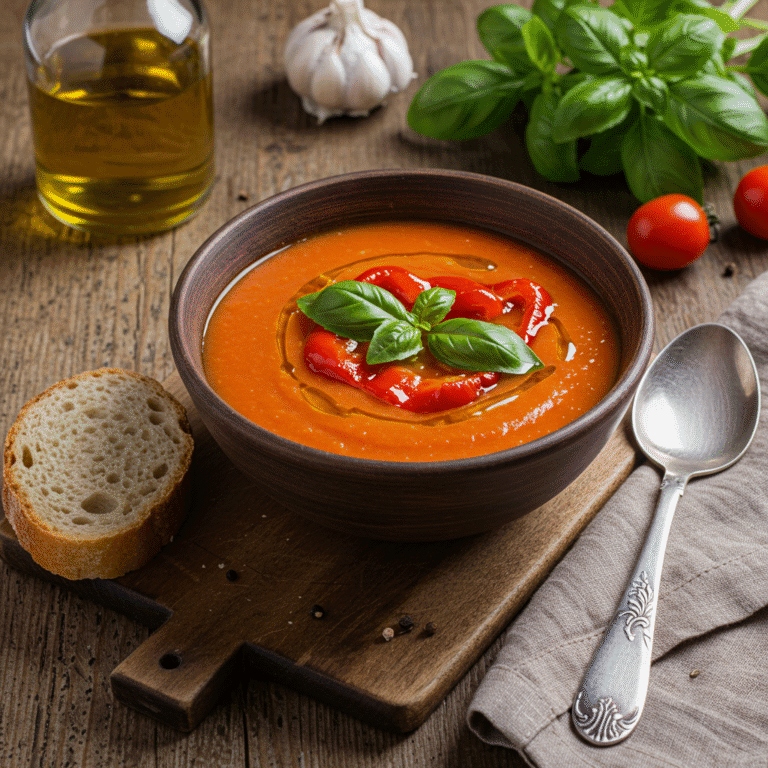 Roasted Red Pepper and Tomato Cold Soup in Bowl