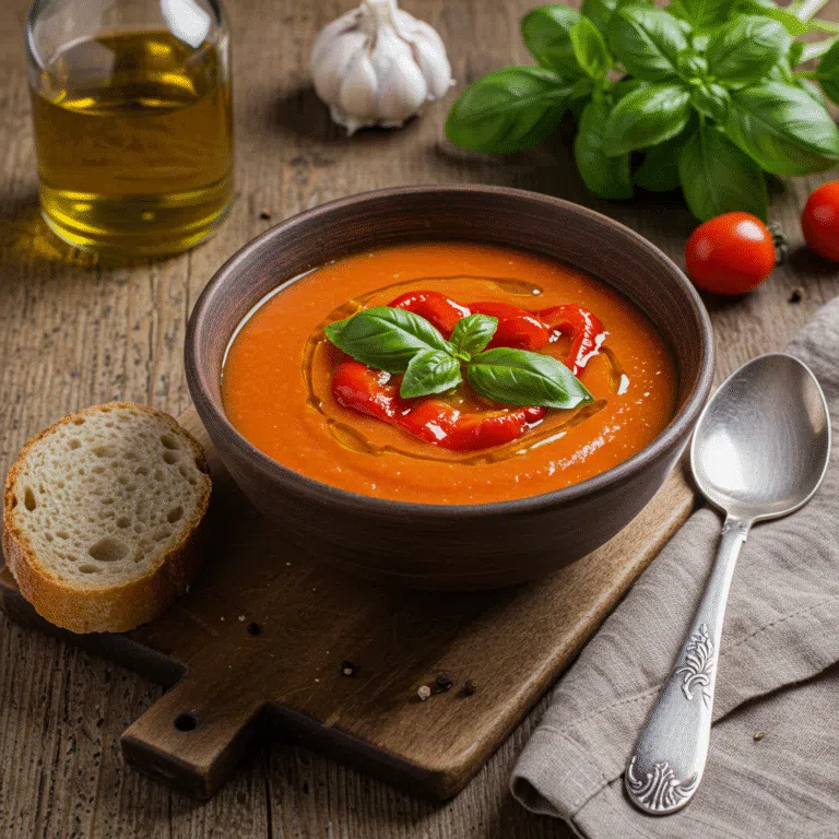Roasted Red Pepper and Tomato Cold Soup in Bowl