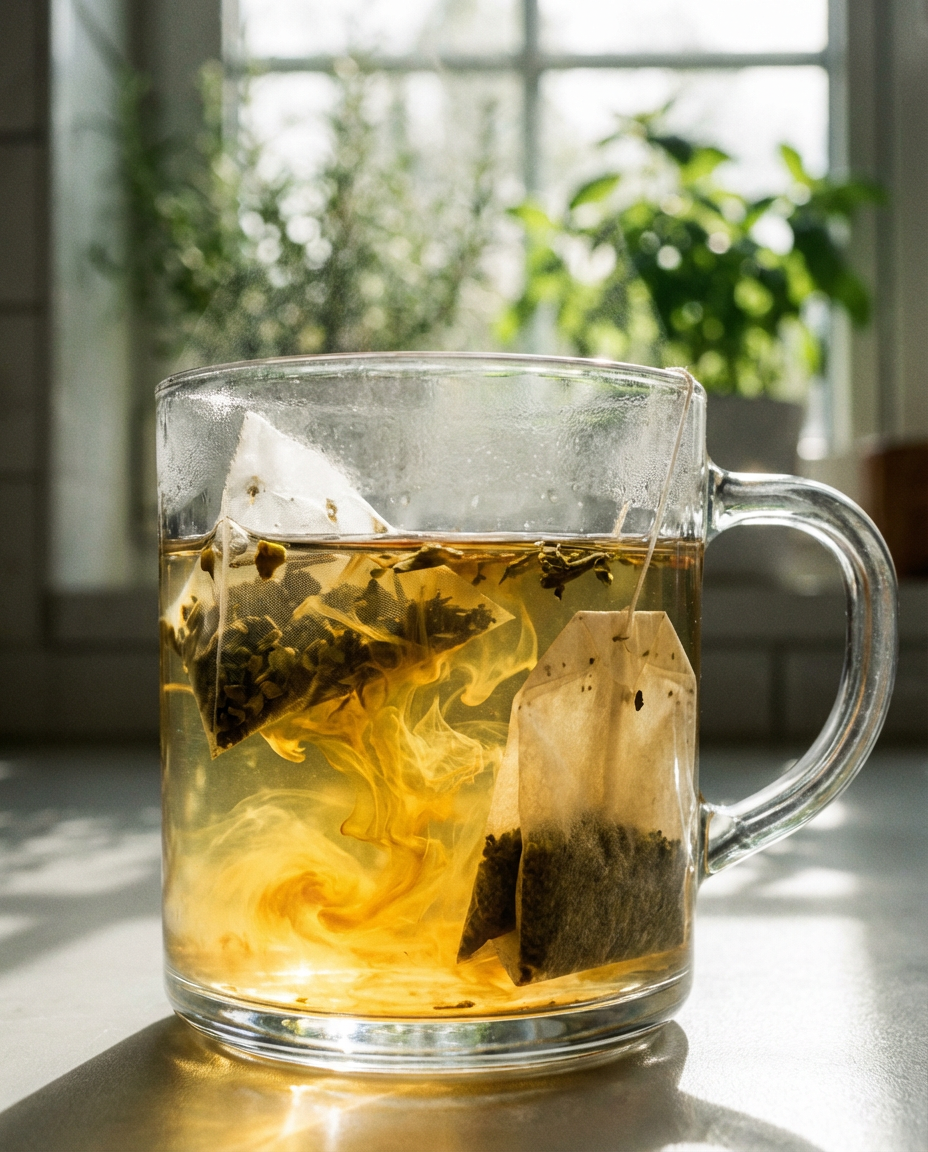 Steeping green and peach teas for the Medicine Ball Starbucks Recipe